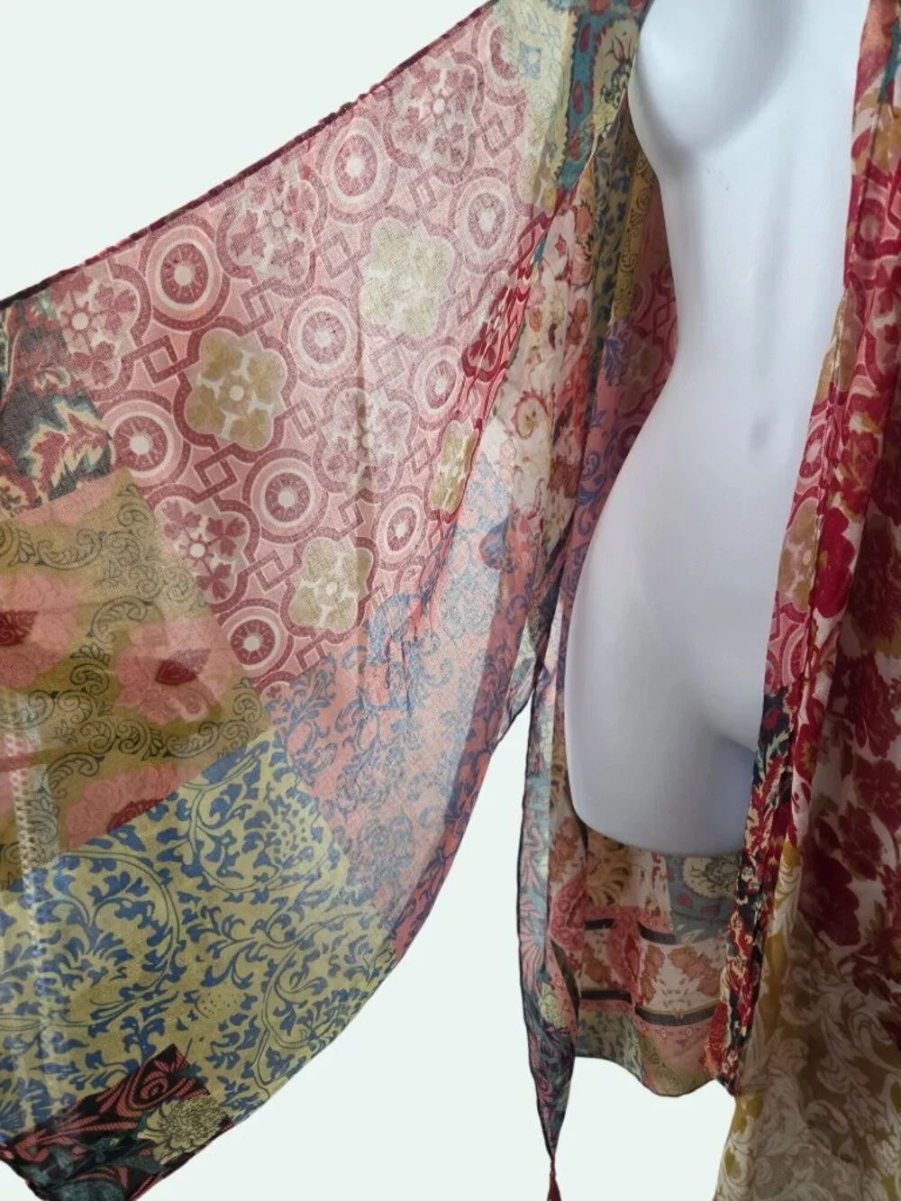Moss Rose Boho Patchwork Kimono Cardigan Tassels Lightweight Sheer Cover-Up